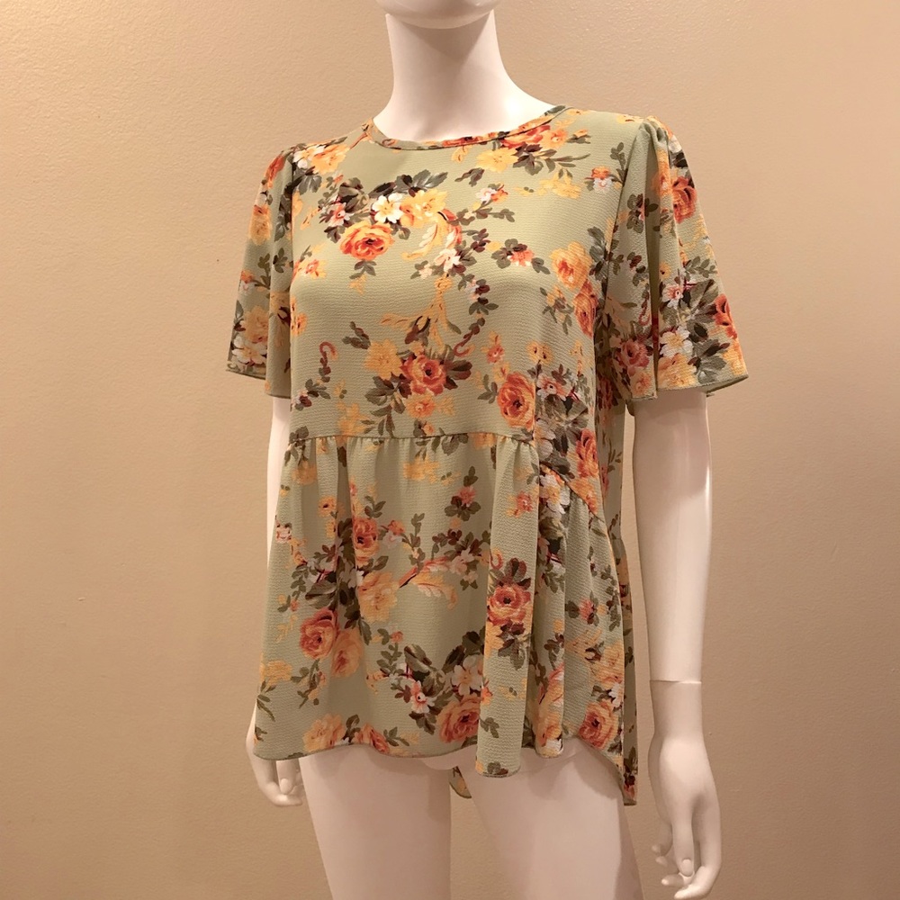 Mimi Daphne Floral Babydoll Top Size L Cottage Mint Green Peach Roses Coquette